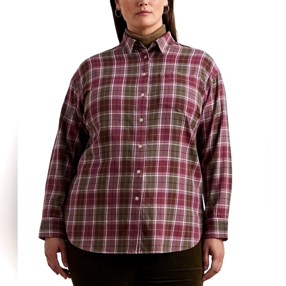 Lauren Ralph Lauren Brawley Button Up Down Shirt Womens Size 3X Plaid Old Money